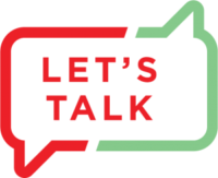 Graphic of Let's Talk logo with speech bubble outline in red and green, with Let's Talk text in the middle.