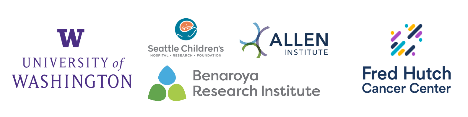 Logos of University of Washington, Seattle Children's, Allen Institute, Benaroya Research Institute, and Fred Hutch Cancer Center.